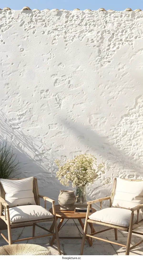 White Wall Patio With Two Chairs and Table