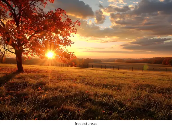 Golden Autumn Sunset with Tree in Field