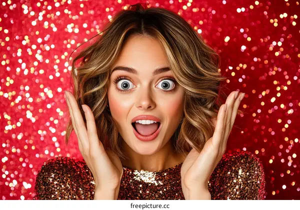 Surprised Caucasian Woman Portrait with Red Background