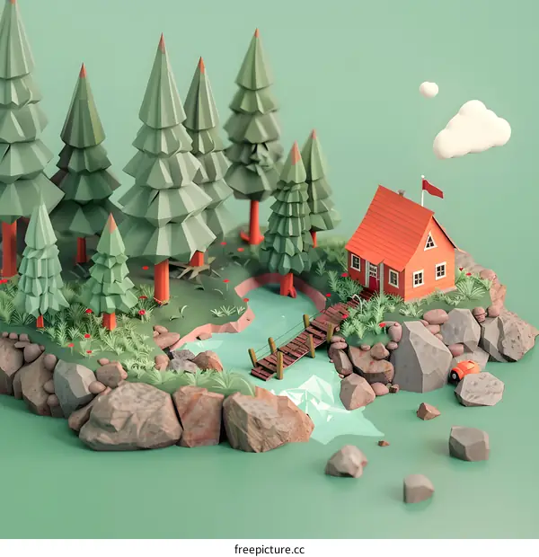 Low Poly 3D House with Trees and River