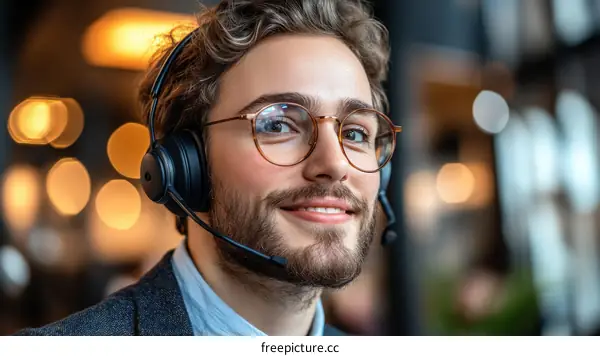 Smiling Caucasian Man Wearing Headset and Glasses
