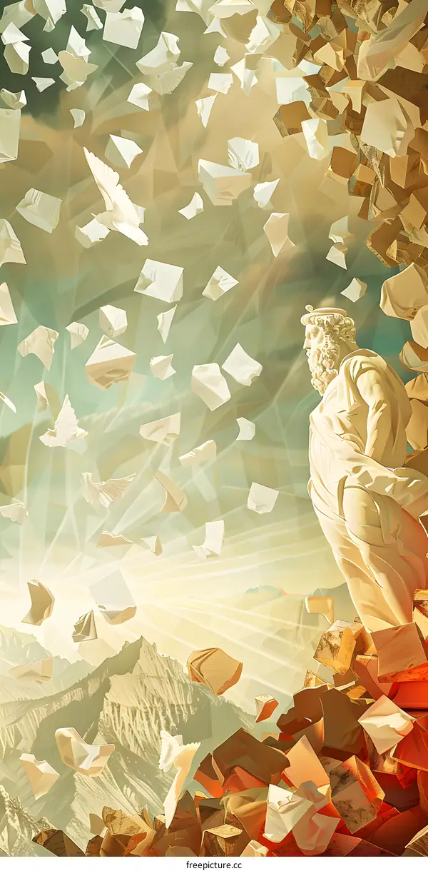 Abstract Art with a Figure in the Sky and Pieces of Paper