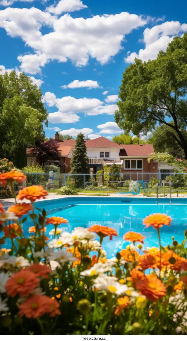A beautiful backyard swimming pool with a flower garden