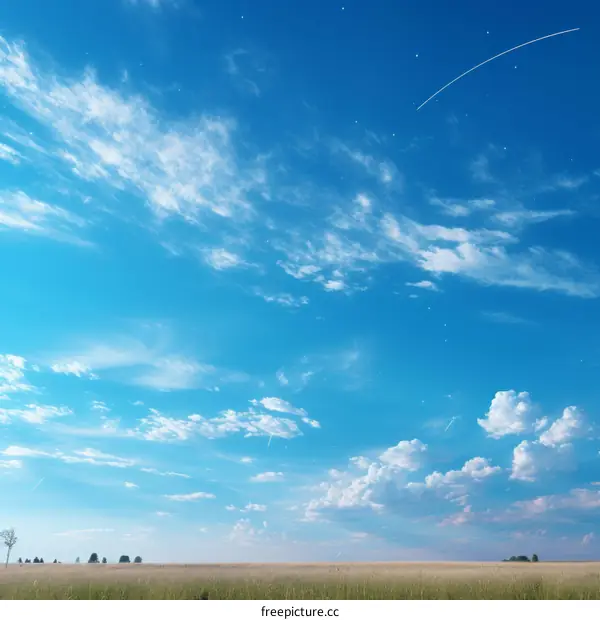 Blue sky with white clouds and a field of wheat