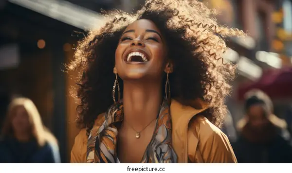Laughing woman with curly hair wearing a yellow jacket