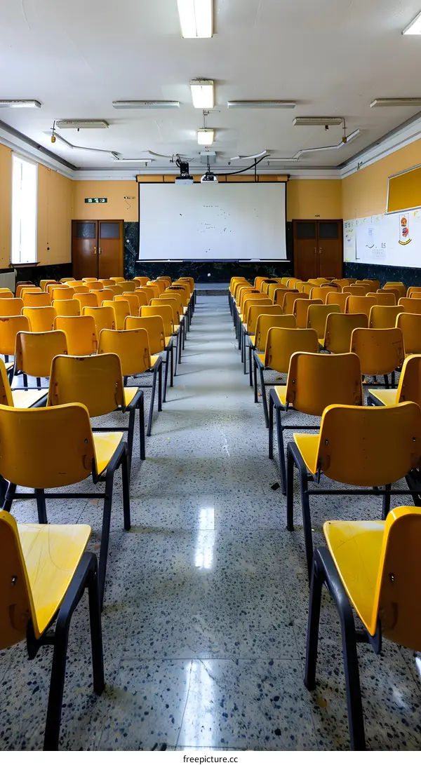 Empty Classroom with Yellow Chairs and Projector Screen