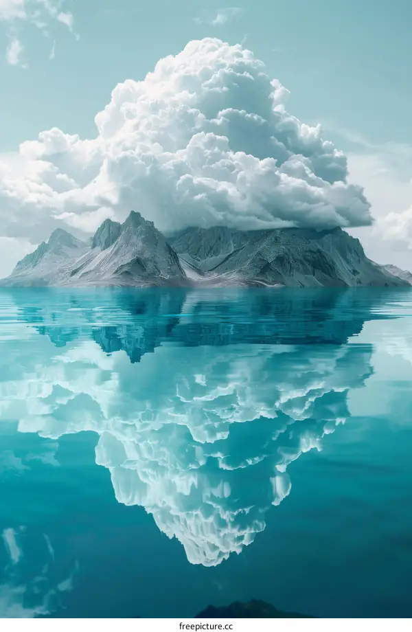 An iceberg floating in the ocean with a large cloud above it.