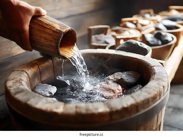 Wooden Barrel Hot Tub with Water Pouring and Stones