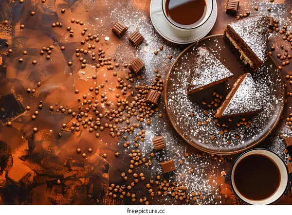 Chocolate Cake and Coffee on Brown Background