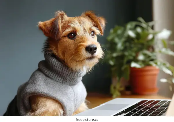 Adorable Dog Wearing Sweater in front of Laptop