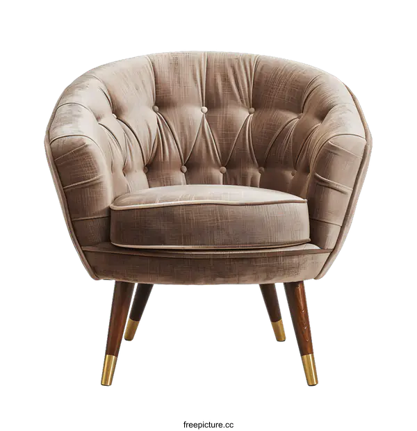[Transparent Background PNG]Brown Velvet Upholstered Armchair with Wooden Legs