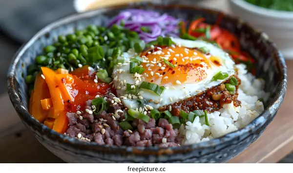 Korean food bibimbap with egg, beef and vegetables