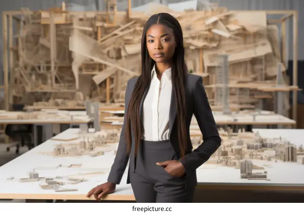 Portrait of a young African-American woman in a suit standing in front of a large architectural model.