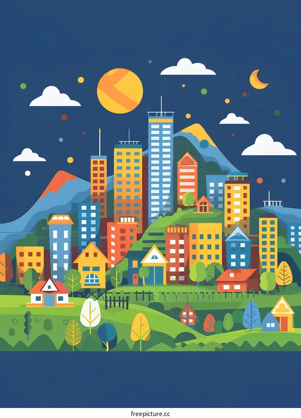 Colorful Cityscape Illustration With Green Grass and Mountains