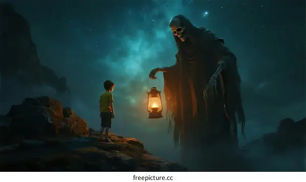 A Boy Confronting a Skeleton Figure Holding a Lantern in a Mysterious Night Scene