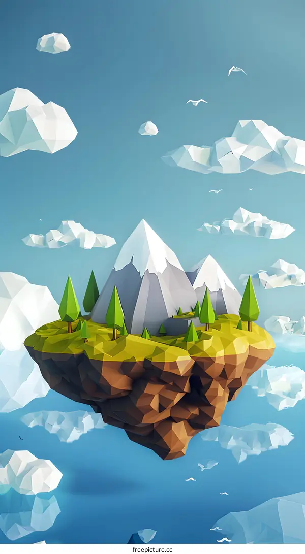 Floating Island in the Sky Low Poly Art Illustration