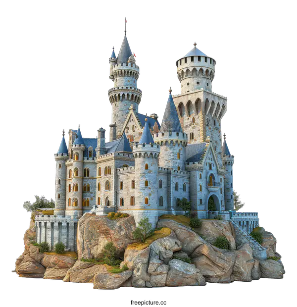 [Transparent Background PNG]A realistic rendering of a fairytale castle with a rocky base and a large tower in the center