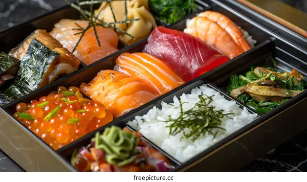 A delicious and healthy Japanese bento box with salmon, tuna, roe, and rice
