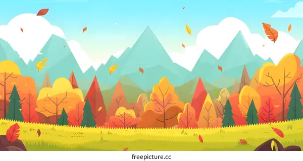Autumn Forest Landscape With Mountains And Falling Leaves