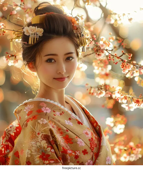 Japanese Woman in Traditional Kimono Posing Under Cherry Blossom Tree