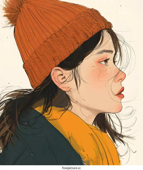 girl with freckles wearing an orange beanie