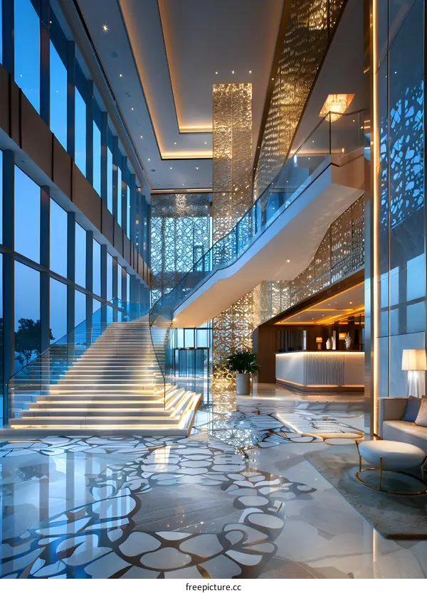 Staircase and Railing in Luxury Hotel Lobby