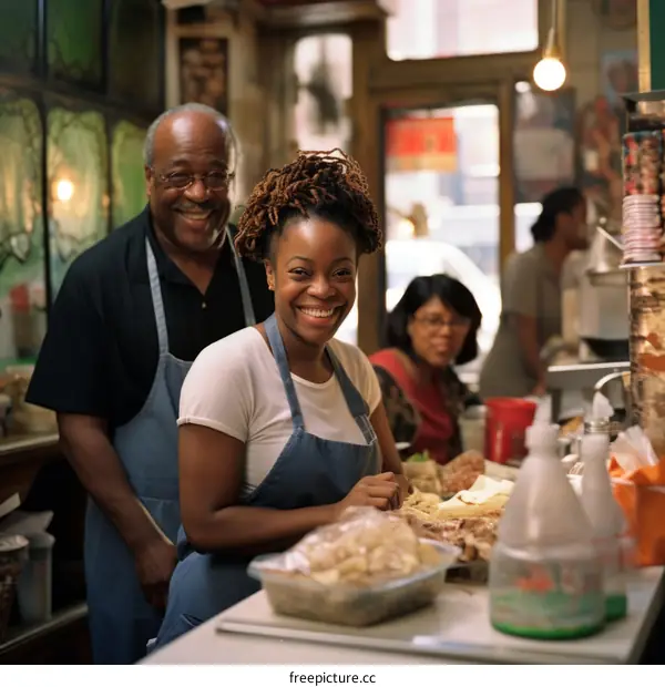 Portrait of a smiling woman and a man in a restaurant