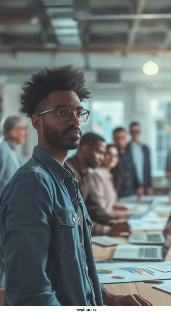 Black man wearing blue shirt standing in front of blurred background