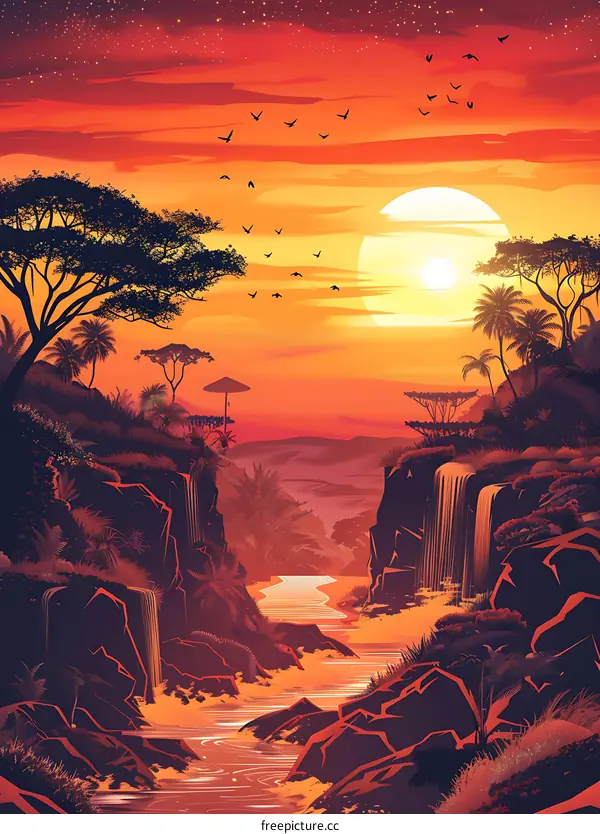 Sunset Landscape With Waterfall and River