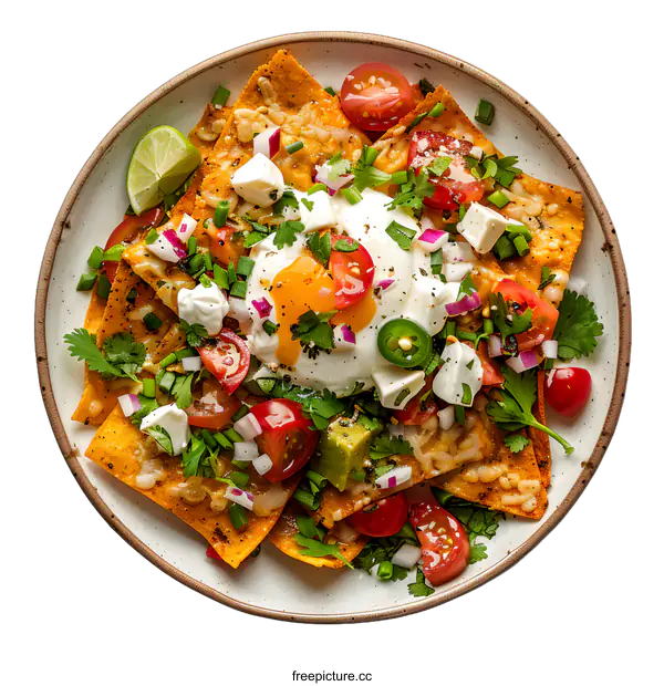 [Transparent Background PNG]Nachos with fried egg, avocado, cheese, vegetables and herbs