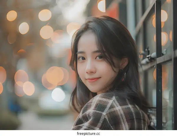 Young Asian Woman Smiling in Front of Bokeh Lights