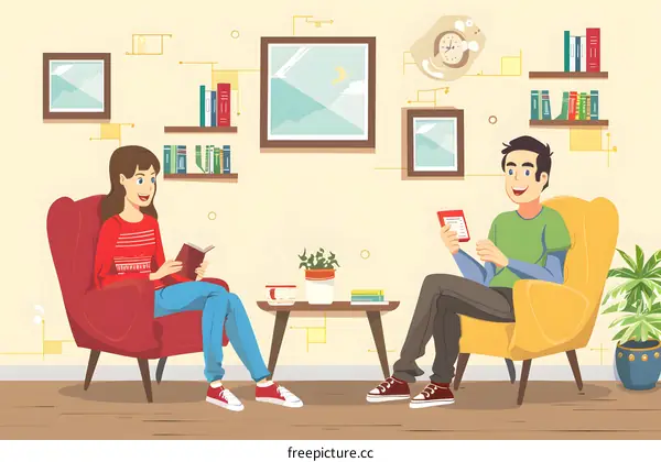 Couple Relaxing in Armchairs Reading Books and Using Tablet