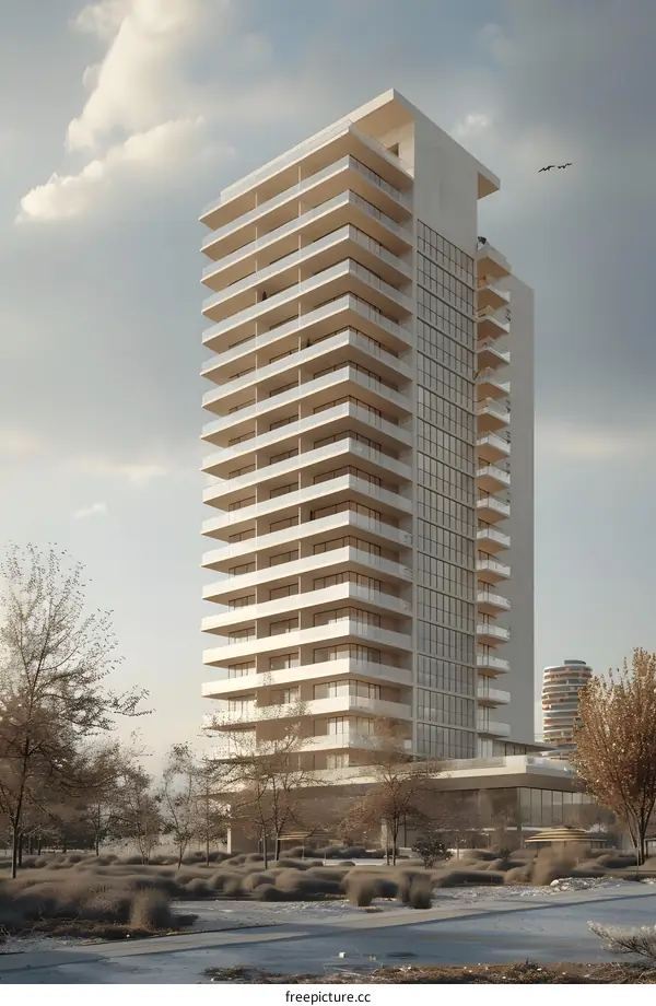 An illustration of a tall apartment building with lots of windows and balconies