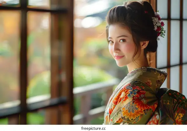 Portrait of a beautiful Japanese woman in traditional kimono