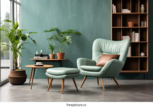 A Mid Century Modern Green Leather Lounge Chair in a Room with Plants and Bookshelf