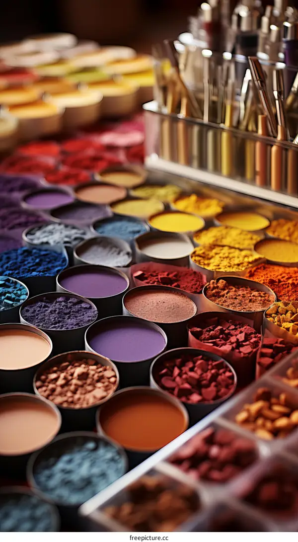 Assortment of Colorful Powders and Pigments in Round Containers