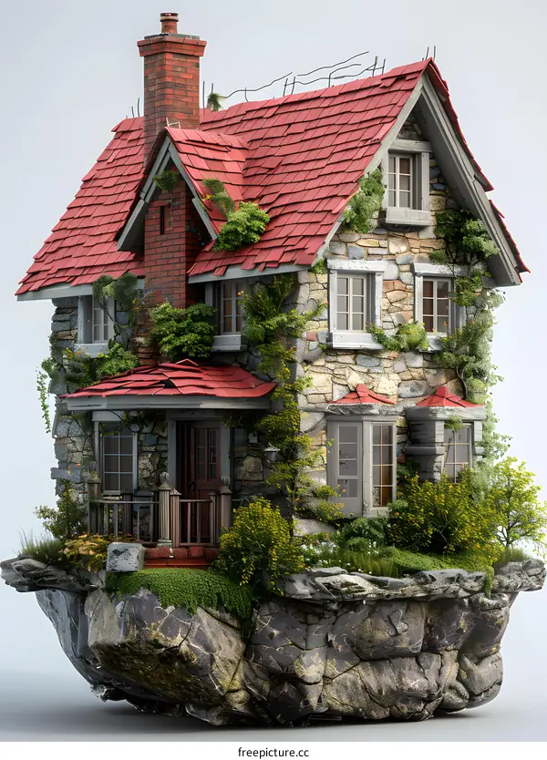 A stone cottage with a red roof sits on a rocky outcropping