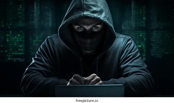 A hacker wearing a mask and hoodie is sitting in front of a laptop in a dark room