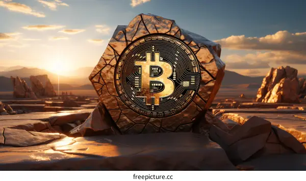 Golden Bitcoin Embedded in Desert Rock