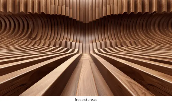 Abstract 3D rendering of a wooden parametric wall with a curved pattern