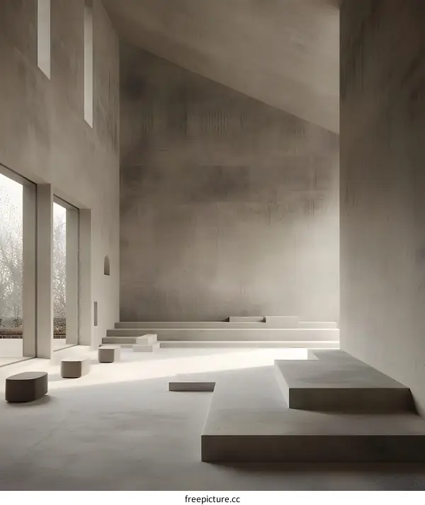 Minimalist Concrete Interior Design With Platform and Windows