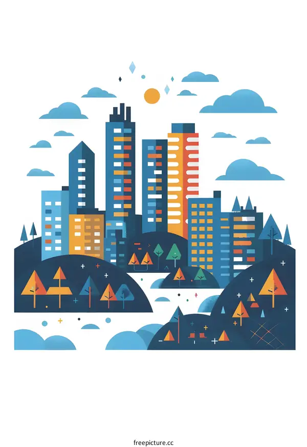 Modern Cityscape with Geometric Buildings and Trees