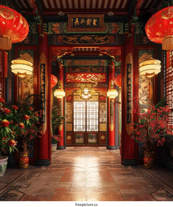 Chinese style corridor with red lanterns and carved wooden doors