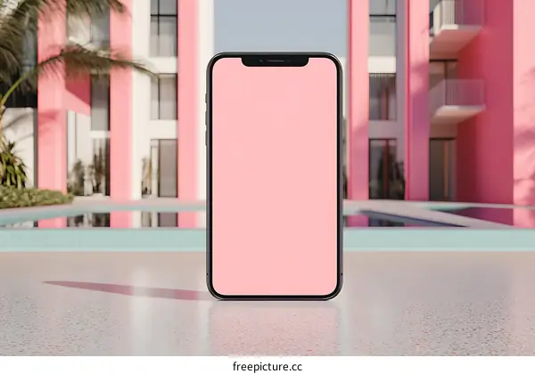 Pink Phone Mockup with Pool and Building in the Background