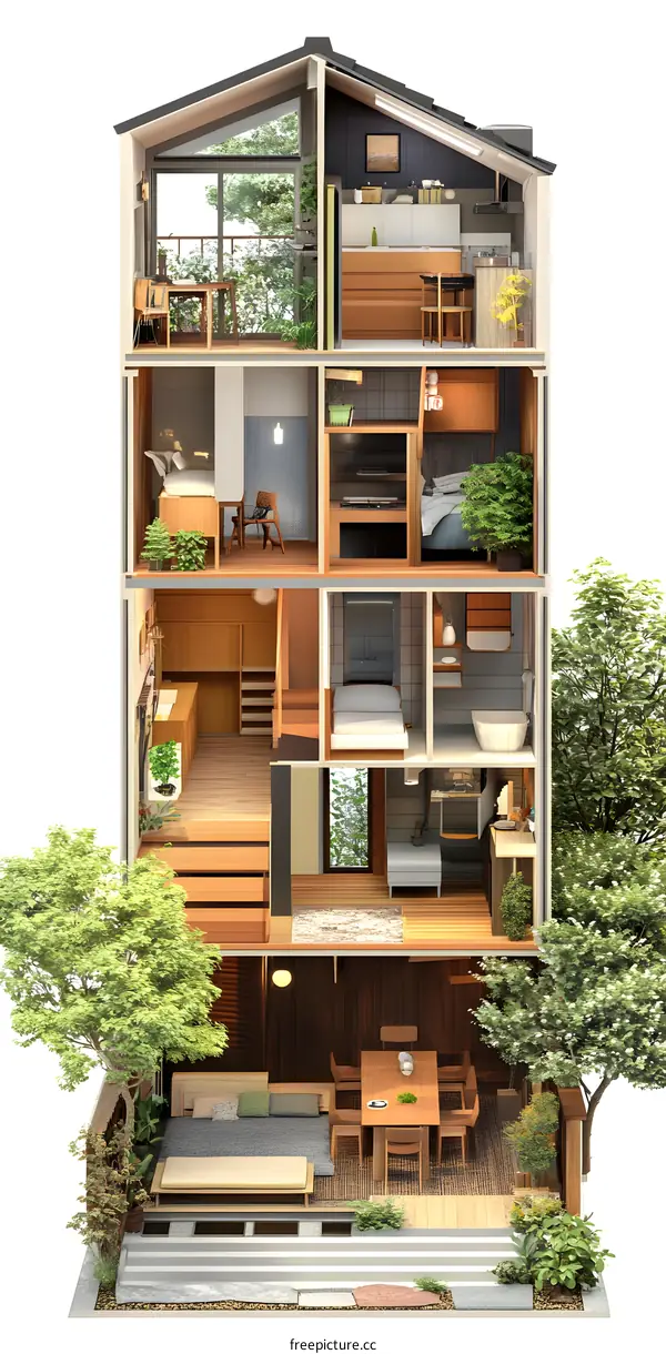 Modern House Interior Design with Cross Section View