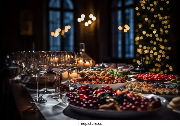 A table full of delicious food and drinks, perfect for a holiday party
