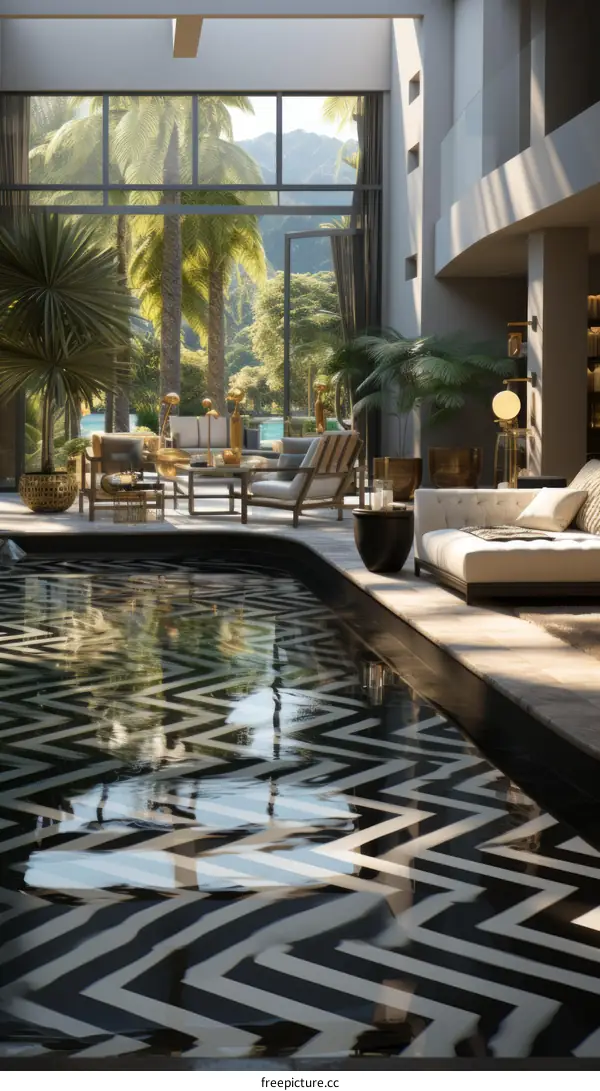 Black and white geometric patterned marble floor with large windows overlooking the tropical oasis outside