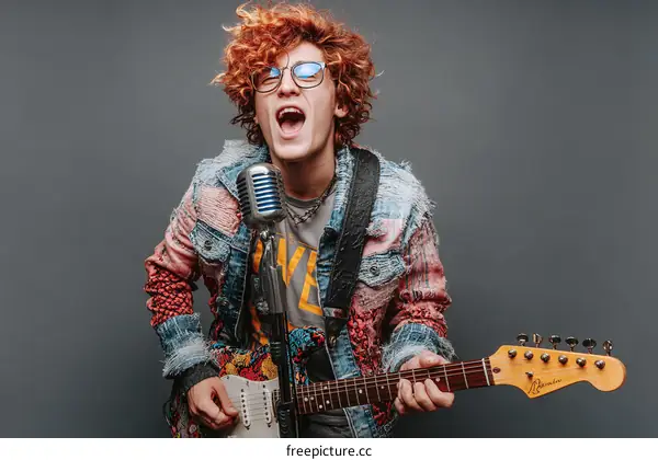 Red-haired Man Singing and Playing Electric Guitar