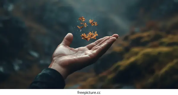 Hand Holding Falling Leaves in the Rain
