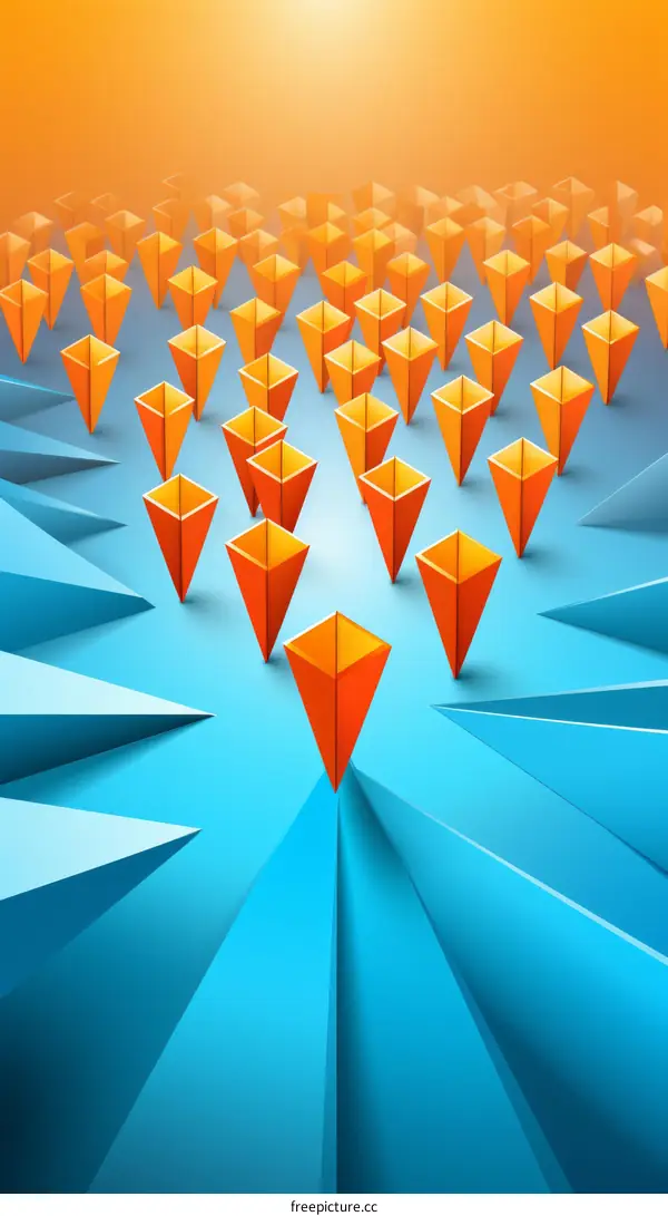 One orange pyramid standing out from the crowd